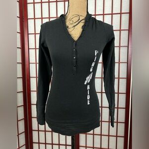 District Black Hooded Long Sleeve Black Henley Biker Fing Ride Graphic Top
